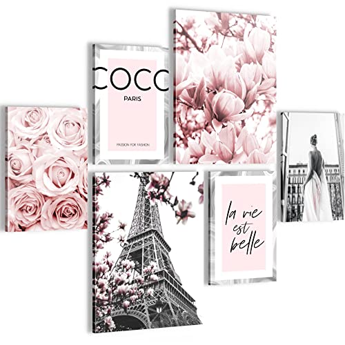 Novart Wandbilder Set Fashion Coco Grau Rosa - KEIN EXTRA RAHMEN BENÖTIGT - Modern Deko - Wohnzimmer Mädchen Teenager N002463a