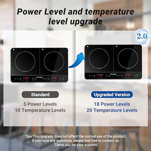 Aobosi Double Induction hob,Induction Cooker with Portable Black Glass Plate, Independent Control,One-click Max and Min Power Control 2800W,20 Temperature Setting[Upgrade],Safety Lock,4-Hour Timer