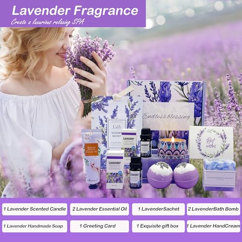 Pamper Gifts for Women, Unique Friend Gifts for Her, Lavender Self Care Get Well Soon Gifts Set for Mum Sister Wife, Spa Bath Set Bath Bombs Candle Present Set, Birthday Mothers Day Gift Box