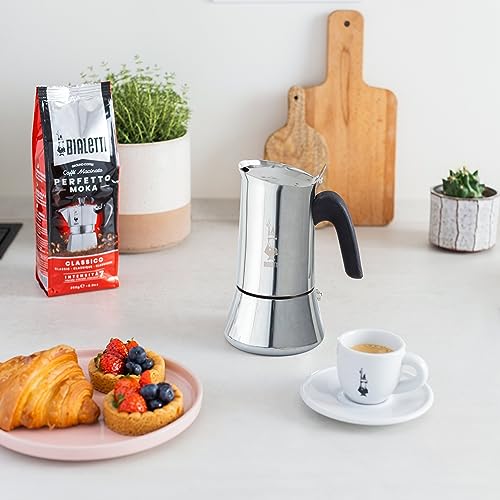 Bialetti - Neue italienische Espressomaschine Venus Induction aus Edelstahl, geeignet für alle Arten von Tellern, 4 Kaffeetassen (170 ml), Silber