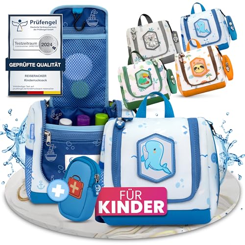 REISERACKER Kulturbeutel Kinder inkl. Medi Tasche als Kulturbeutel zum Aufhängen - Kulturtasche Kinder zum Aufhängen - Kulturtasche für Jungen und Mädchen