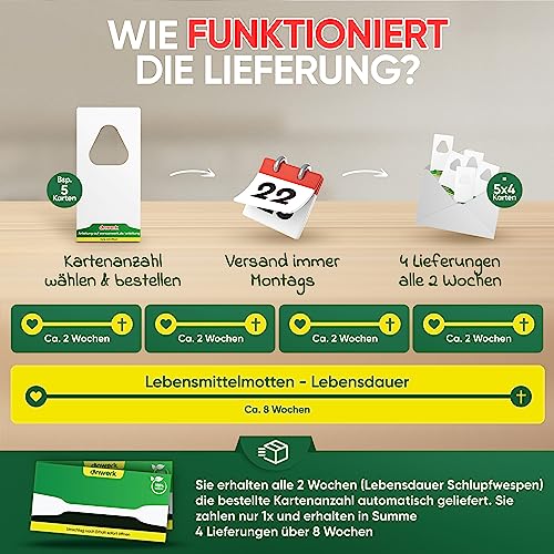 anwerk® Schlupfwespen gegen Lebensmittelmotten - 8 Karten (2 Karten à 4 Lieferungen) - Effektiv Lebensmittel Motten bekämpfen - Alternative zur Mottenfalle, Mottenspray, Pheromonfalle