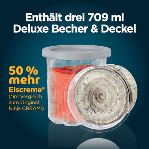 Ninja CREAMi Deluxe Eismaschine mit 3 Behältern, 10 Funktionen, Dessert & Ice Cream Maker für Eiscreme, Sorbet, Frozen Joghurt, Milchshakes, Slushi, 2-in-1 Geschmacksoption, Silber, NC501EU