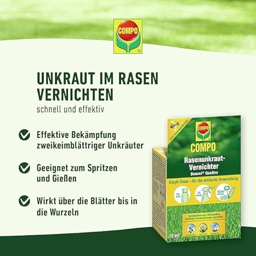 COMPO Rasenunkraut-Vernichter Banvel Quattro, Bekämpfung von schwerbekämpfbaren Unkräutern im Rasen, Konzentrat, 400 ml (400 m²)