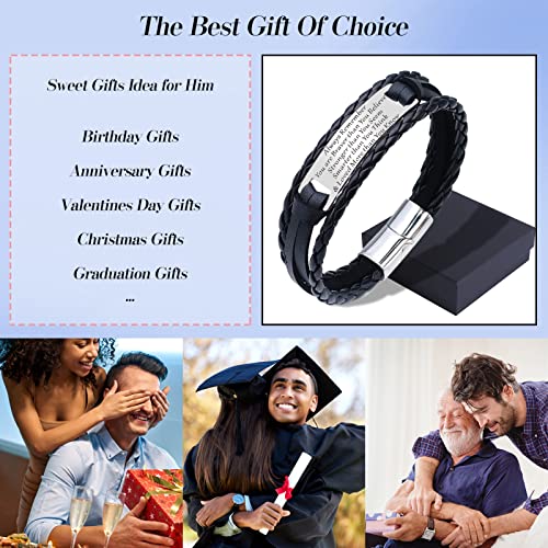 HAYOUWAY Mens Leather Bracelet Gifts for Him Men, Personalised Handmade Braided Leather Bracelet for Men Women Teen Boys Son Gifts with Stainless Steel Magnetic Clasp Engraved Inspirational Quote