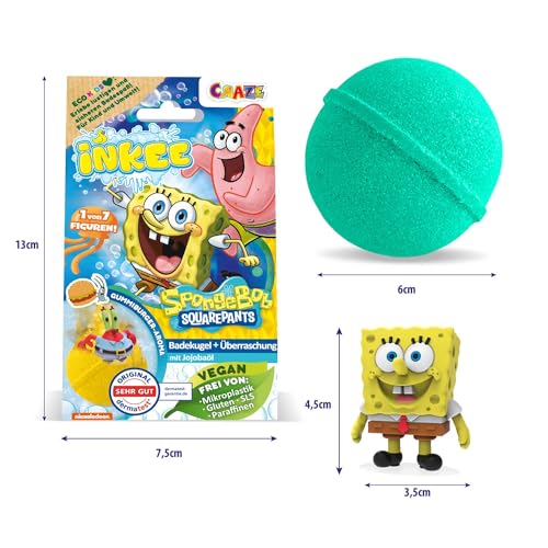 INKEE SpongeBob 3er Pack - Badebomben Kinder mit Überraschung - SpongeBob Schwammkopf Figuren zum Sammeln - 3x Badekugeln 80g mit Burgergummi-Aroma und Jojobaöl, Türkis oder Gelb