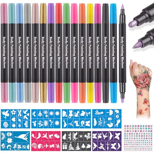 Lictin Temporäre Tattoos, 16 Farben Tatoo Temporäre Markers for Skin, Tattoo Wasserfest für Erwachsene und Kinder, Temporary Tattoo mit Tattoo Schablonen, Temporary Tattoo Body Markers