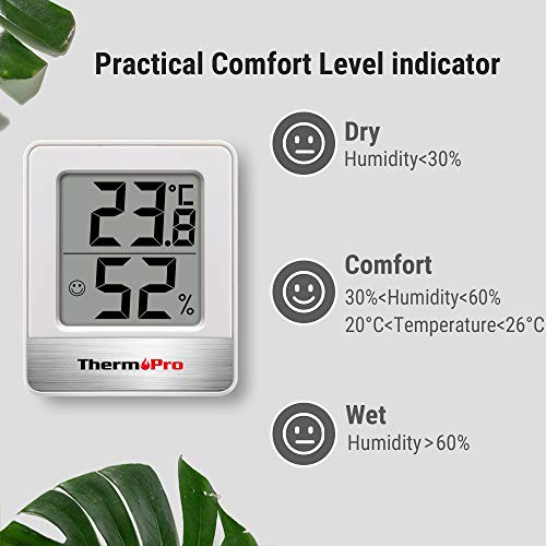 ThermoPro TP49 digitales Mini Thermo-Hygrometer Thermometer Hygrometer innen Temperatur und Luftfeuchtigkeitmessgerät mit Smiley-Indikator für Gewächshaus, Wohnzimmer, weiß