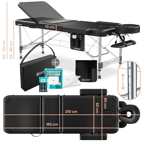 KESSER® Mobile Massageliege klappbar & höhenverstellbar 3 Zonen Massagebett Massagetisch Kosmetikliege Breit Therapieliege Aluminium + 10x Gesichtsauflage mit Kopfstütze Armlehnen & Tasche Schwarz