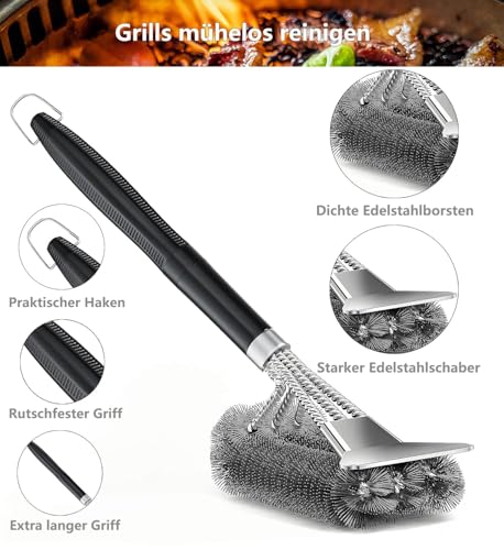 Grillbürste, Grill Reinigungsbürste Edelstahl Schaber, dichte Edelstahlborsten, Extra Langer PP Griff, für Gasgrill, Holzkohlegrill, Kugelgrill, Elektrogril, Grillrost