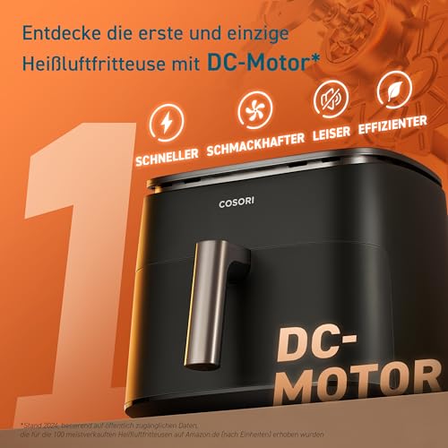 Cosori Turboblaze Airfryer Heißluftfritteuse, 9-in-1 Air Fryer XXL 6L, leiser DC Motor mit 5 Geschwindigkeitsstufen, Grillen, Backen, Gären, Dehydrieren, Tiefkühlen, 87 Rezepte, 64% energiesparend