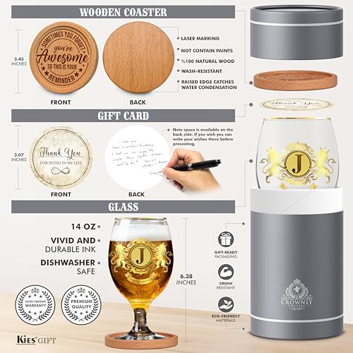 CROWNLY CRYSTAL® Personalised Beer Glass Gift for Men Dad Grandad Boyfriend Birthday Gifts Husband Uncle Presents (J)
