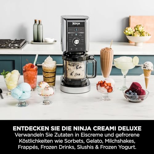 Ninja CREAMi Deluxe Eismaschine mit 3 Behältern, 10 Funktionen, Dessert & Ice Cream Maker für Eiscreme, Sorbet, Frozen Joghurt, Milchshakes, Slushi, 2-in-1 Geschmacksoption, Silber, NC501EU