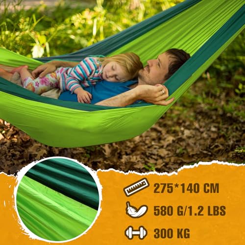 NATUREFUN Ultraleichte Reise Camping Hängematte | 300kg Tragkraft (275 x 140 cm) Atmungsaktiv, Schnelltrocknendes Fallschirm Nylon | 2 x Premium Karabiner,2 x Schlingen| Drinnen Draußen Garten