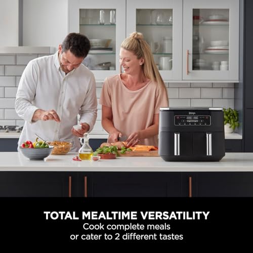 Ninja Foodi Dual Zone Digital Air Fryer, 2 Drawers, 7.6L, 6-in-1, Uses No Oil, Air Fry, Max Crisp, Roast, Bake, Reheat, Dehydrate, Cooks 4-6 Portions, Non-Stick, Dishwasher Safe Baskets, Black AF300UK