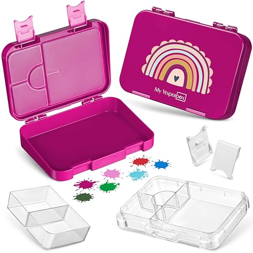 My Vesperbox – Len - Bento Box Kinder - Lunchbox mit 4+2 Fächern - extrem robust – Brotdose – Brotbox ideal für Kindergarten und Schule… (Lila - Regenbogen)
