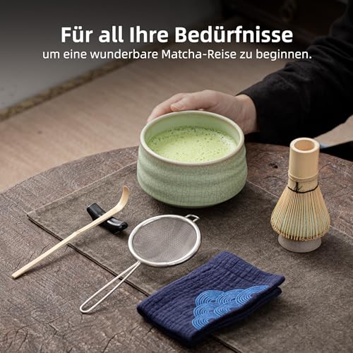 TEANAGOO Matcha Set| Matcha Besen|Matcha Tea Set | Matcha Schale| Matcha Whisk,Schaufel, Sieb, Matcha-Besenhalter, Matcha-Besenständer-7 Stück MatchaTee Sets,N6, Lt.grün mit Schwarzer Naht