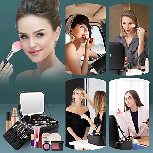 MOMIRA Reise-Makeup Tasche Kosmetiktasche mit beleuchtetem Spiegel, Einstellbarer Helligkeit in 3 Farbszenarien, Geschenk für Frauen - Schwarz