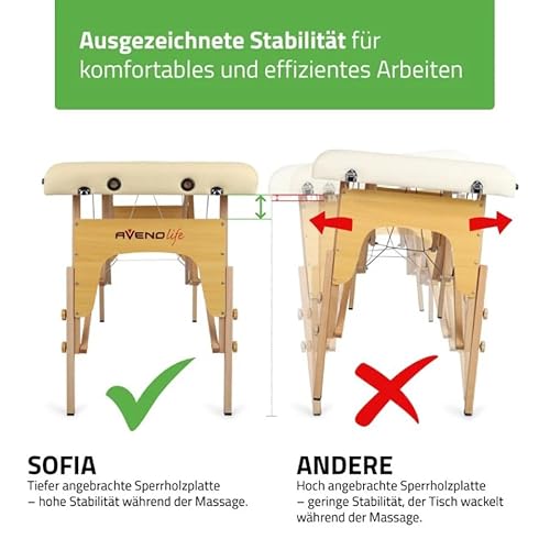 HABYS Sofia Light Massageliege | Klappbar Holz 2 Zonen | Massagetisch mit Vollausstattung | 185 x 60 x 85 cm, bis 250 kg | Armlehnen, Kopfstütze, Tragetasche, MDR-Zertifiziert | Beige