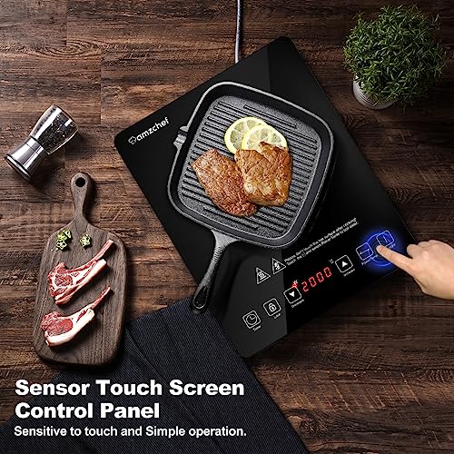 AMZCHEF Single Induction Cooker, Ultra-thin Induction Hob with Fashion Look, 10-level Power and Temperature Control, Black Frosted Glass Panel, Touch Sensor, 3-hour Timer, Safety Lock