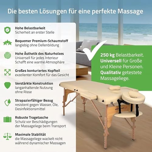 HABYS Sofia Light Massageliege | Klappbar Holz 2 Zonen | Massagetisch mit Vollausstattung | 185 x 60 x 85 cm, bis 250 kg | Armlehnen, Kopfstütze, Tragetasche, MDR-Zertifiziert | Beige