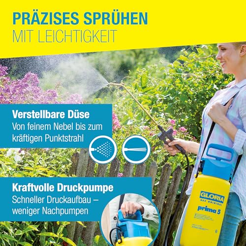 GLORIA Drucksprüher prima 5 | Gartenspritze/Sprühgerät für den Pflanzenschutz | 5 L Füllinhalt | Verstellbare Messingdüse, Gelb, Schwarz, Blau