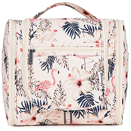 Narwey Groß Kulturbeutel Damen & Herren - Gross Kulturtasche Zum Aufhängen, Kinder Kosmetiktasche - Waschtasche für Mädchen (Beiger Flamingo (Groß))