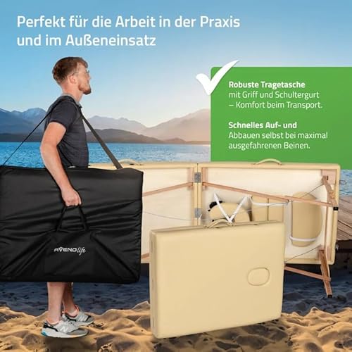HABYS Sofia Light Massageliege | Klappbar Holz 2 Zonen | Massagetisch mit Vollausstattung | 185 x 60 x 85 cm, bis 250 kg | Armlehnen, Kopfstütze, Tragetasche, MDR-Zertifiziert | Beige
