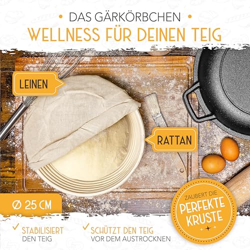 KRUSTENZAUBER 26cm Gusseisen Topf Brot Backen inkl. Gärkorb - Robuste Brotbackform mit Deckel - Idealer Brottopf, Brotbacktopf, Brotbackset Gusseisentopf Brotbacken, Brot Backen Zubehör, Brotform