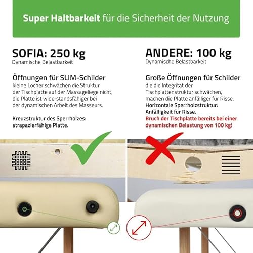 HABYS Sofia Light Massageliege | Klappbar Holz 2 Zonen | Massagetisch mit Vollausstattung | 185 x 60 x 85 cm, bis 250 kg | Armlehnen, Kopfstütze, Tragetasche, MDR-Zertifiziert | Beige