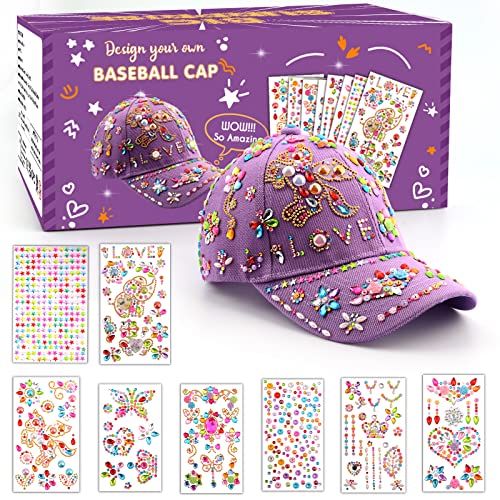 Geschenke für Mädchen DIY Baseballkappe, Hut Selbst Gestalten mit Edelstein Aufklebern, Einschulung Geburtstag Geschenk Mädchen 4 5 6 7 8 9 10 11 12 Jahre,Baseball Cap Bastelset für Kinder Schulanfang