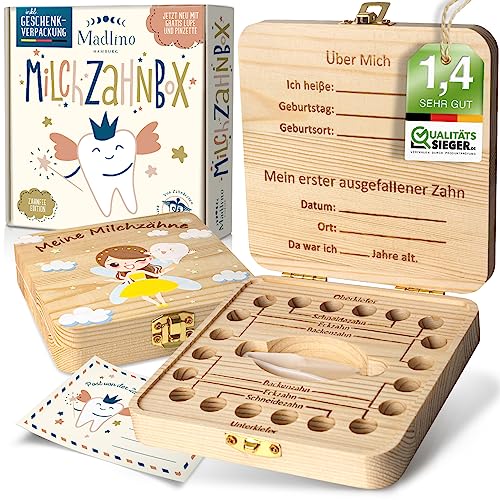Madlino® Zahndose Milchzähne Mädchen & Jungen inkl. Zahnfeebrief & Lupe - Milchzahndose personalisiert aus Holz - Zahnfee Geschenke - Zahnbox Milchzähne - Die Zahnrettungsbox für den Wackelzahn