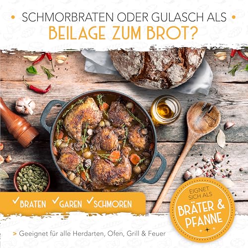 KRUSTENZAUBER 26cm Gusseisen Topf Brot Backen inkl. Gärkorb - Robuste Brotbackform mit Deckel - Idealer Brottopf, Brotbacktopf, Brotbackset Gusseisentopf Brotbacken, Brot Backen Zubehör, Brotform