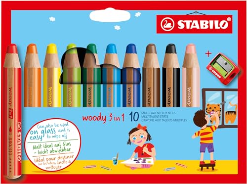 STABILO - Buntstift, Wasserfarbe & Wachsmalkreide - woody 3 in 1-10er Pack mit Spitzer - mit 10 verschiedenen Farben