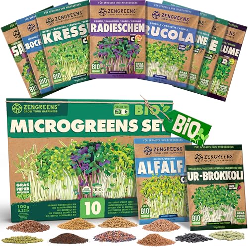 ZenGreens® - Bio Sprossensamen im 10er Set - Keimsprossensamen - für leichte Zucht im Sprossenglas oder Anzuchtschale - Probierpaket - 10 verschiedene Sorten - Microgreens Samen Mix