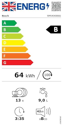 Bosch SMS4EKI06G Series 4, Free-Standing Dishwasher 60 cm, B Energy Rated, 13 Place Settings, 9 Litre, ExtraDry, Silence Plus 42dB Quiet,Rackmatic Adjustable Basket, Silver Inox